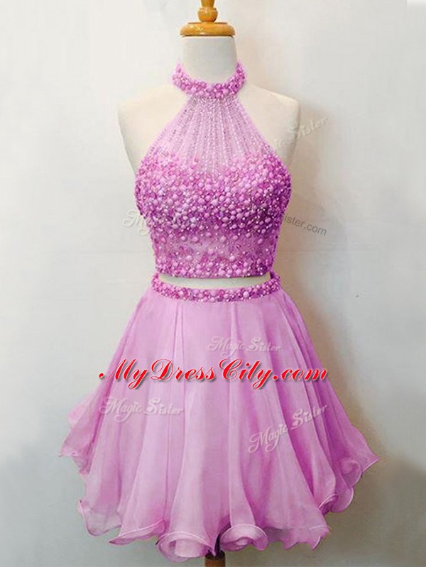 Lilac Two Pieces Organza Halter Top Sleeveless Beading Knee Length Lace Up Quinceanera Court Dresses