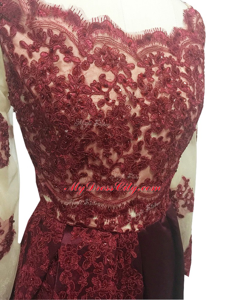 Burgundy Column/Sheath Lace and Appliques Mother Dresses Zipper Taffeta Long Sleeves Floor Length