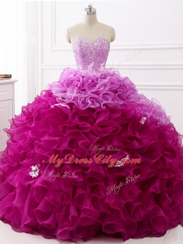 Custom Designed Lace Up Sweet 16 Quinceanera Dress Multi-color for Military Ball and Sweet 16 and Quinceanera with Beading and Appliques and Ruffles Brush Train