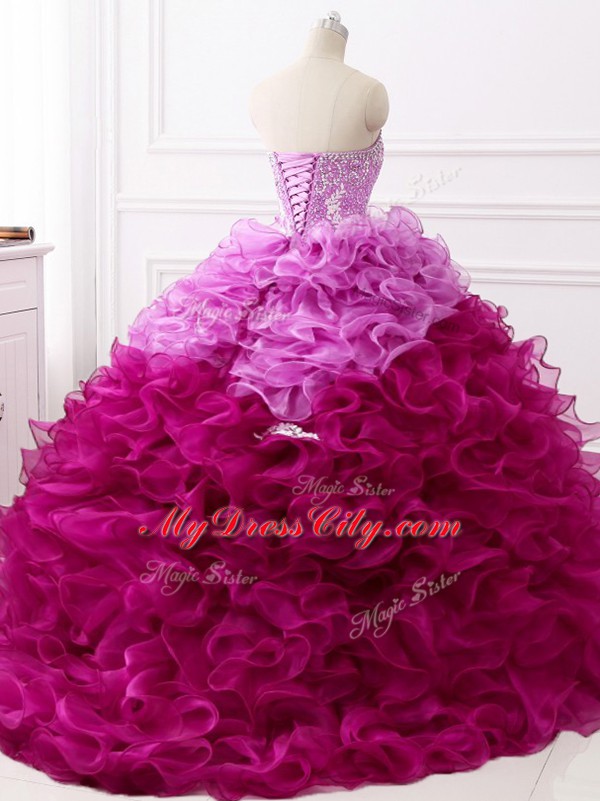 Custom Designed Lace Up Sweet 16 Quinceanera Dress Multi-color for Military Ball and Sweet 16 and Quinceanera with Beading and Appliques and Ruffles Brush Train