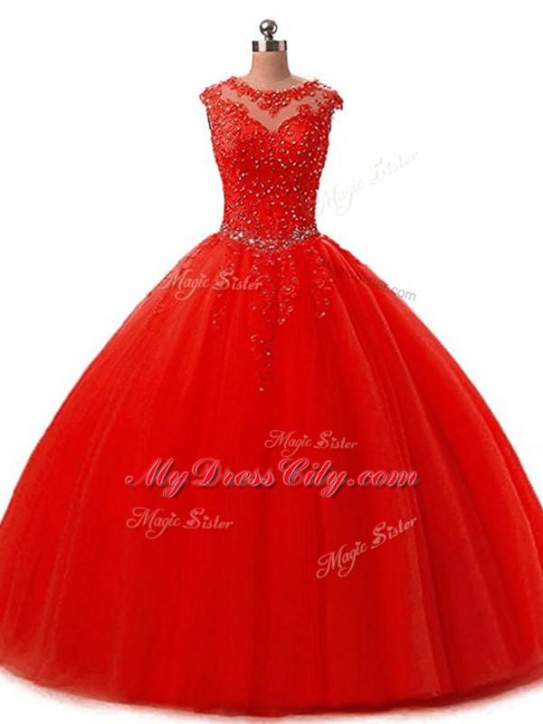 Sleeveless Floor Length Beading and Lace Lace Up 15th Birthday Dress with Red