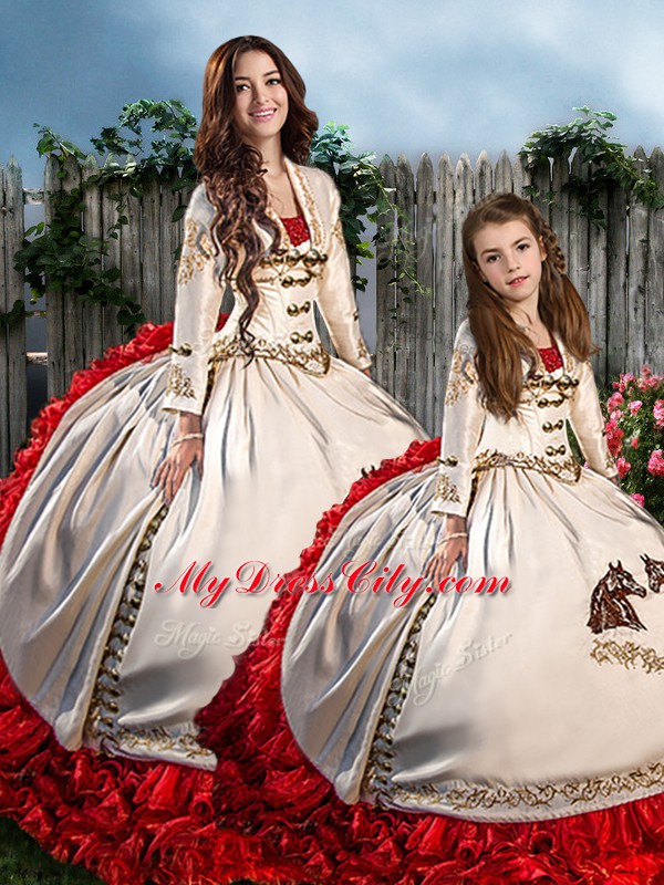 Custom Fit White And Red Long Sleeves Organza and Taffeta Brush Train Lace Up Sweet 16 Quinceanera Dress for Military Ball and Sweet 16 and Quinceanera