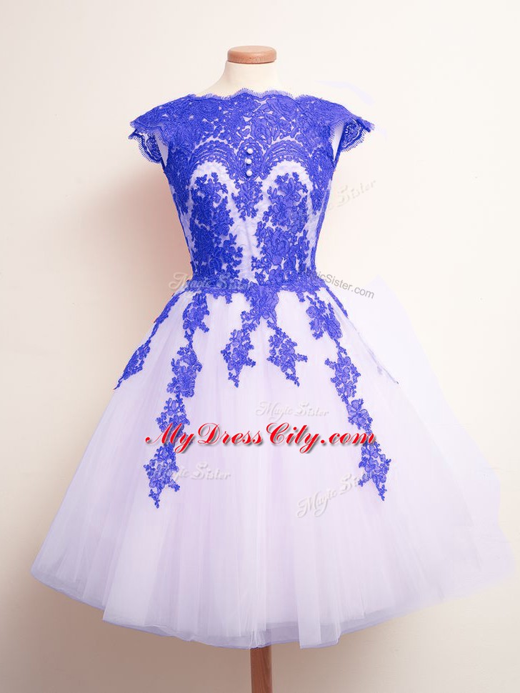 Blue And White Scalloped Neckline Appliques Wedding Guest Dresses Sleeveless Lace Up