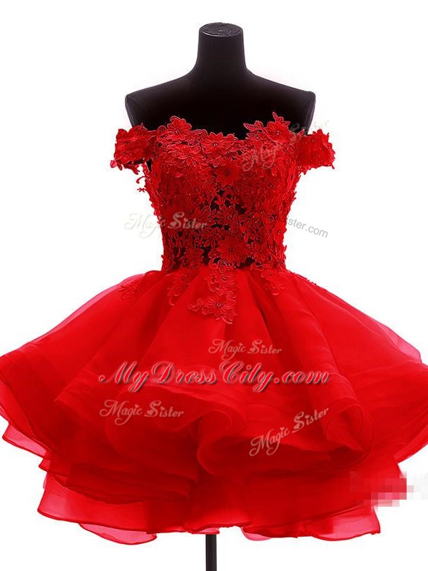 Flare Red Organza Zipper Prom Gown Sleeveless Mini Length Lace and Appliques and Ruffles