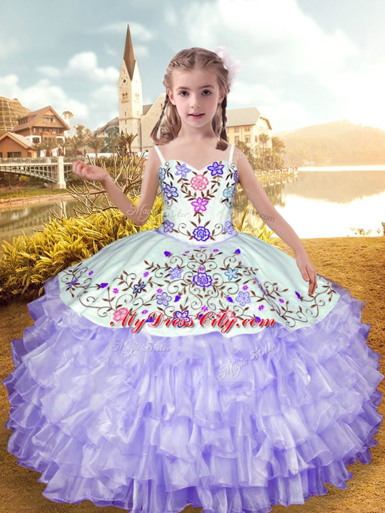 Lavender Straps Neckline Embroidery and Ruffled Layers Pageant Gowns For Girls Sleeveless Lace Up