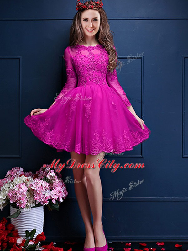 Deluxe Beading and Lace and Appliques Court Dresses for Sweet 16 Fuchsia Lace Up 3 4 Length Sleeve Mini Length