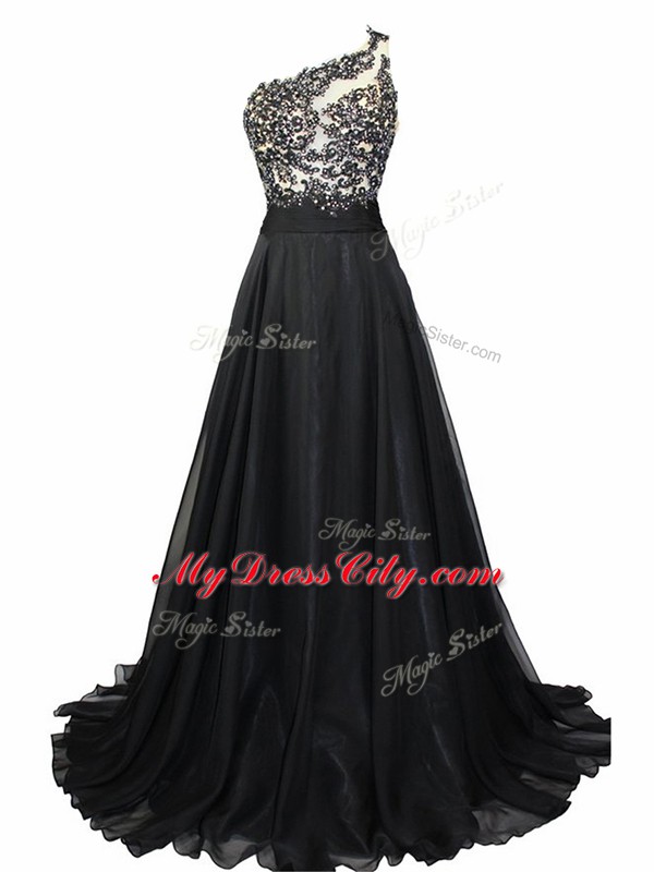 Hot Sale A-line Sleeveless Black Evening Dress Brush Train Side Zipper