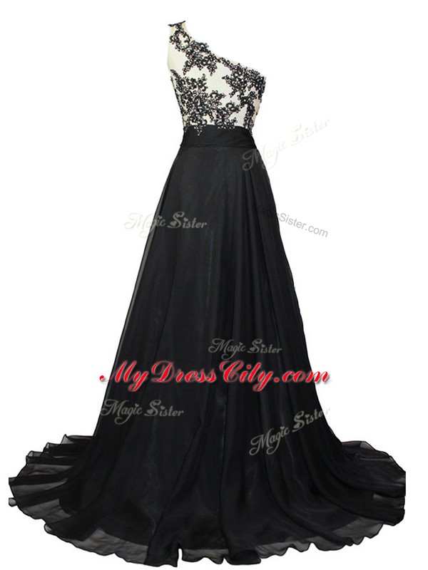 Hot Sale A-line Sleeveless Black Evening Dress Brush Train Side Zipper