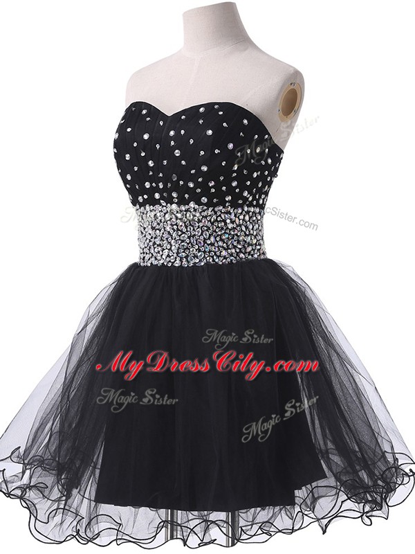 Sleeveless Tulle Mini Length Lace Up Prom Dress in Black with Beading