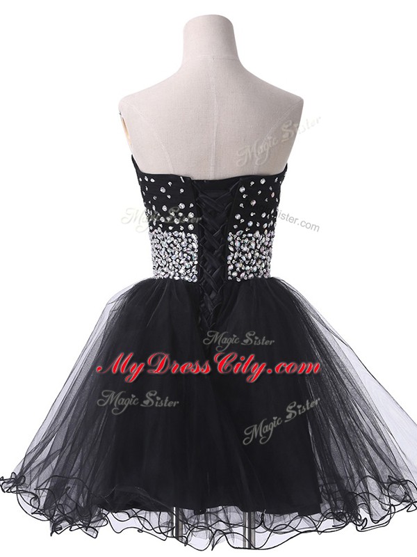 Sleeveless Tulle Mini Length Lace Up Prom Dress in Black with Beading