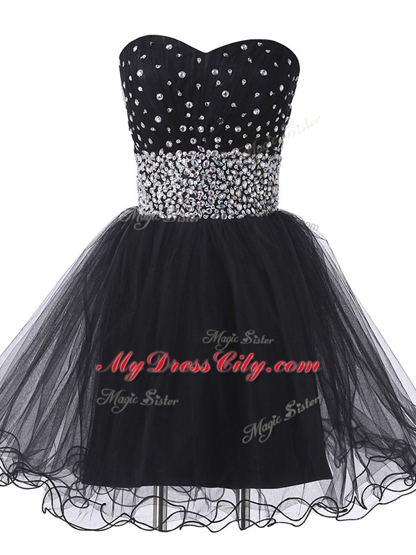 Sleeveless Tulle Mini Length Lace Up Prom Dress in Black with Beading