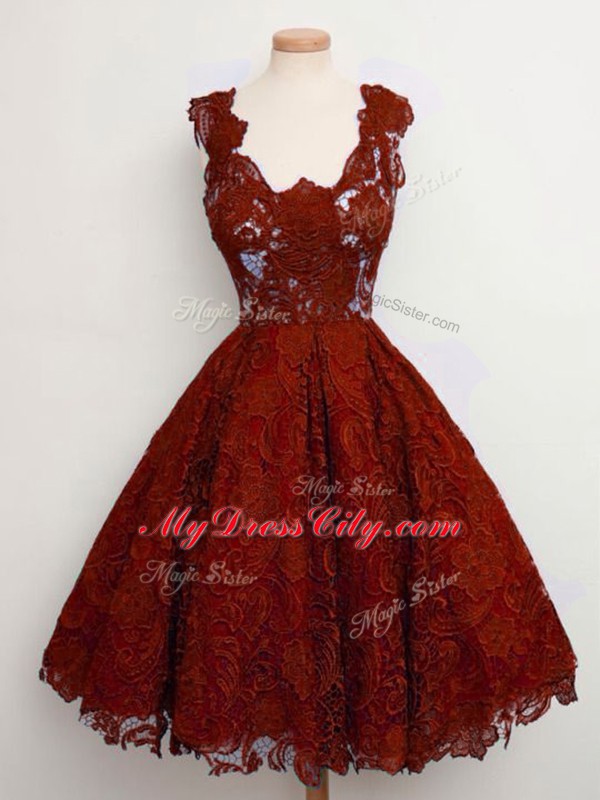 Rust Red Lace Lace Up Bridesmaid Dresses Sleeveless Knee Length Lace