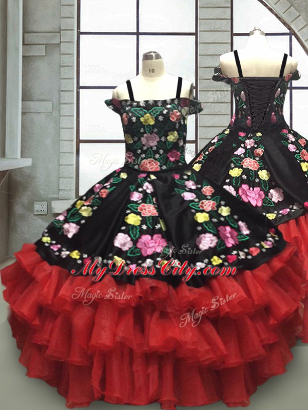 Embroidery and Ruffled Layers Little Girls Pageant Dress Wholesale Red And Black Lace Up Sleeveless Floor Length