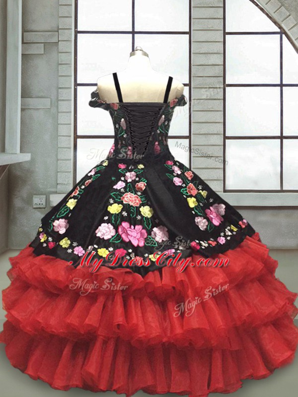 Embroidery and Ruffled Layers Little Girls Pageant Dress Wholesale Red And Black Lace Up Sleeveless Floor Length