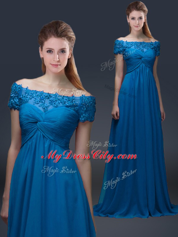 Royal Blue Chiffon Lace Up Off The Shoulder Short Sleeves Floor Length Mother Dresses Appliques