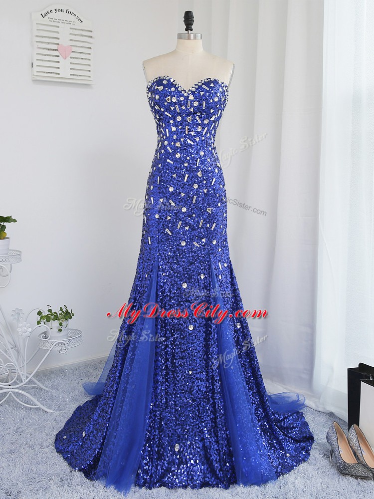 Zipper Juniors Evening Dress Royal Blue for Prom and Party and Military Ball with Beading and Sequins