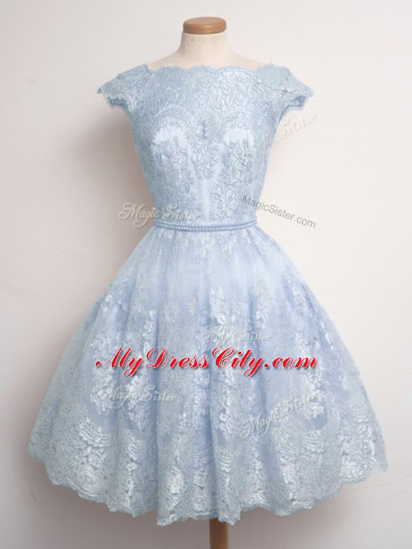 Light Blue Lace Lace Up Scalloped Cap Sleeves Knee Length Wedding Guest Dresses Lace