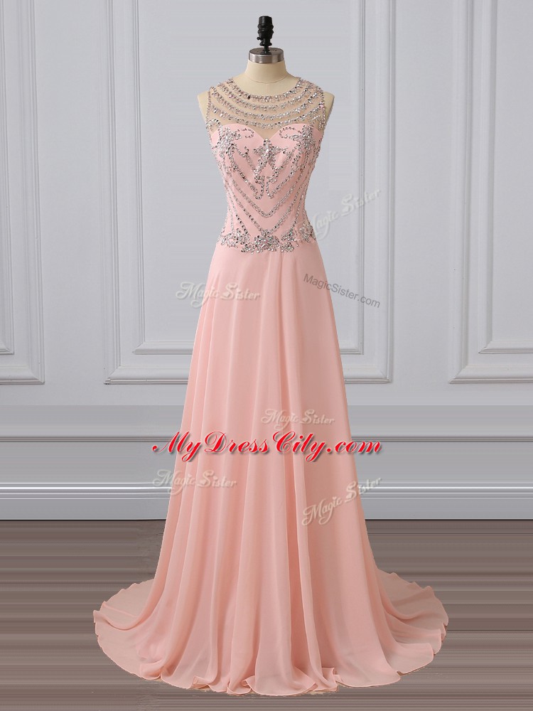 Best Peach Prom Evening Gown Chiffon Brush Train Sleeveless Beading