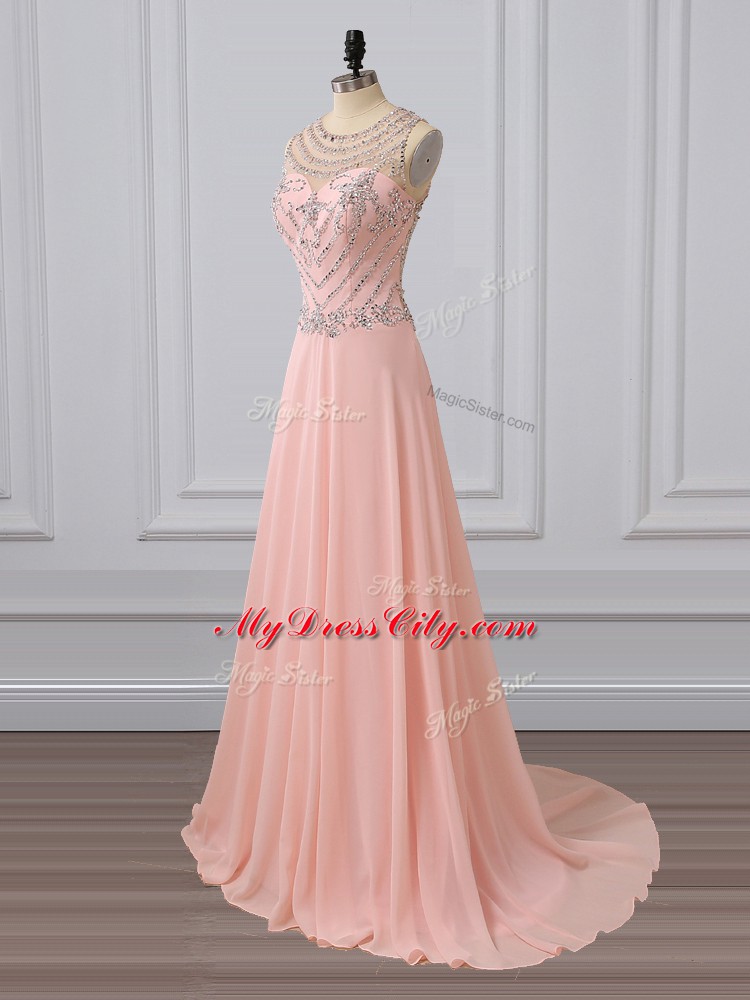 Best Peach Prom Evening Gown Chiffon Brush Train Sleeveless Beading