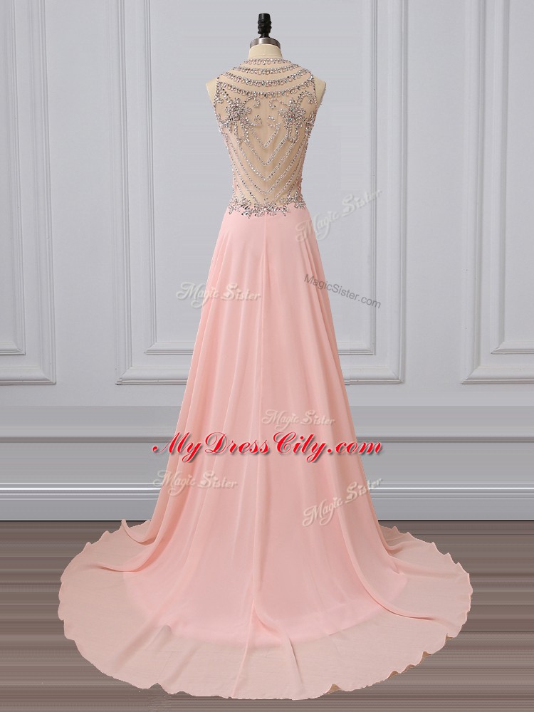 Best Peach Prom Evening Gown Chiffon Brush Train Sleeveless Beading