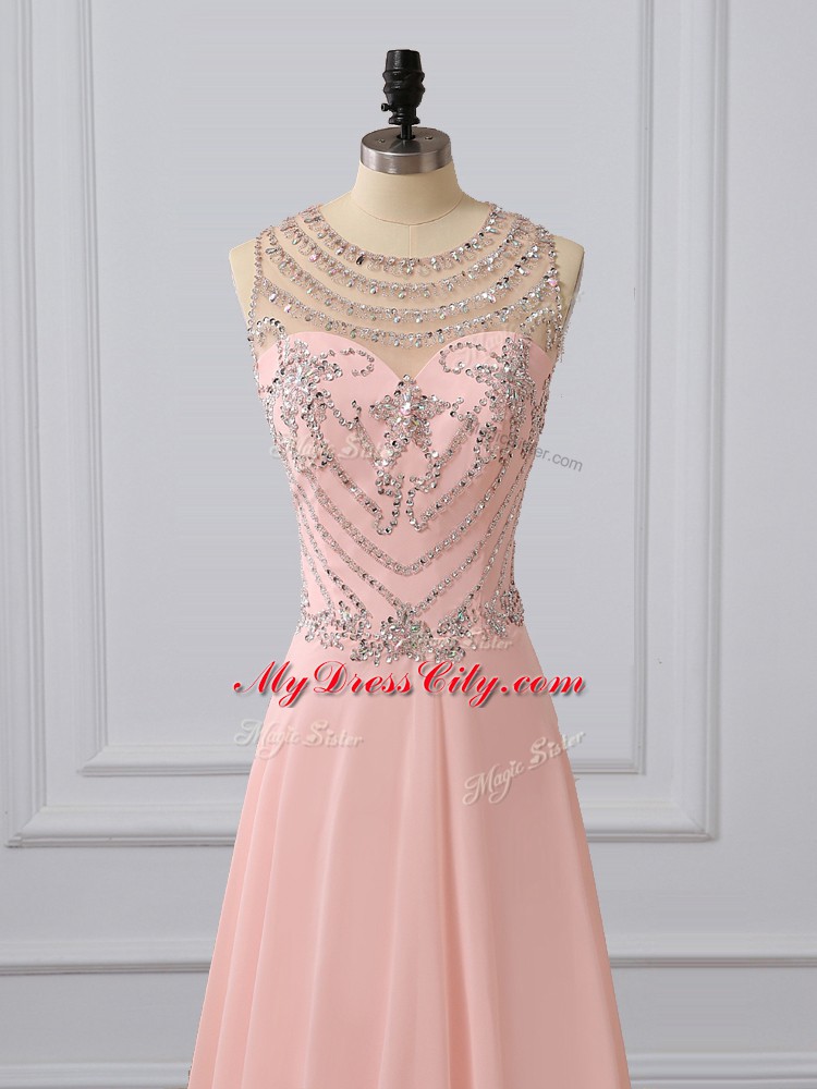 Best Peach Prom Evening Gown Chiffon Brush Train Sleeveless Beading