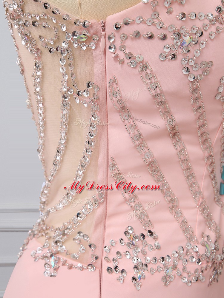 Best Peach Prom Evening Gown Chiffon Brush Train Sleeveless Beading