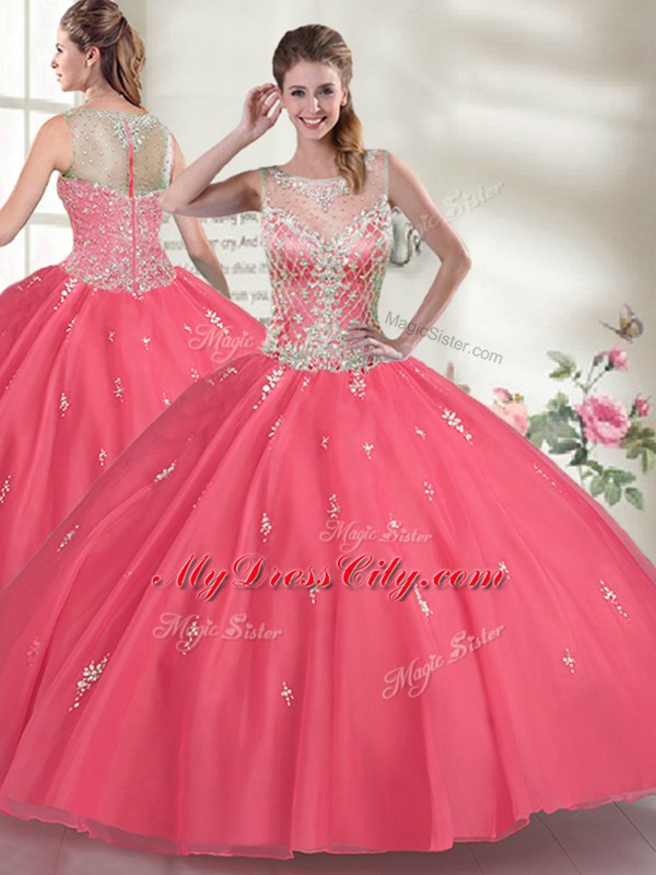 Hot Pink Sleeveless Organza Zipper Quinceanera Gowns for Military Ball and Sweet 16 and Quinceanera