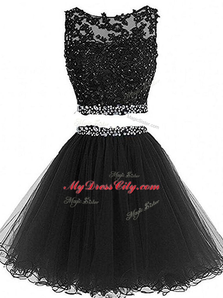 Glittering Black Sleeveless Tulle Zipper Evening Dress for Prom and Party and Sweet 16