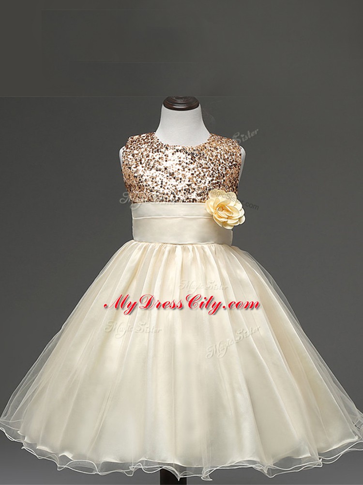 Ideal Champagne Ball Gowns Sequins and Hand Made Flower Flower Girl Dresses for Less Zipper Tulle Sleeveless Knee Length