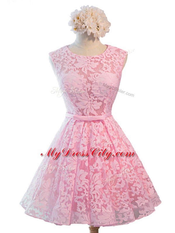 Eye-catching A-line Court Dresses for Sweet 16 Baby Pink Scoop Lace Sleeveless Knee Length Lace Up