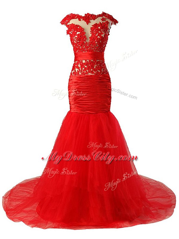 Red Zipper Scoop Lace and Appliques and Ruching Prom Party Dress Tulle Cap Sleeves Brush Train