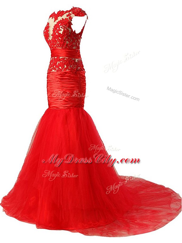 Red Zipper Scoop Lace and Appliques and Ruching Prom Party Dress Tulle Cap Sleeves Brush Train