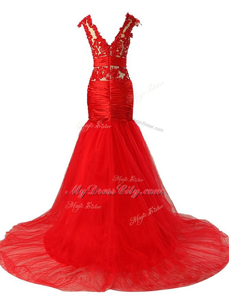 Red Zipper Scoop Lace and Appliques and Ruching Prom Party Dress Tulle Cap Sleeves Brush Train