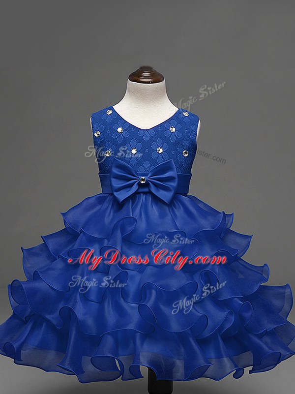 Artistic Lace and Ruffled Layers and Bowknot Flower Girl Dresses Royal Blue Zipper Sleeveless Knee Length