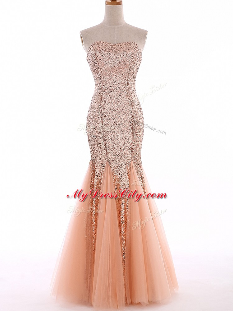 Floor Length Peach Prom Party Dress Tulle Sleeveless Sequins