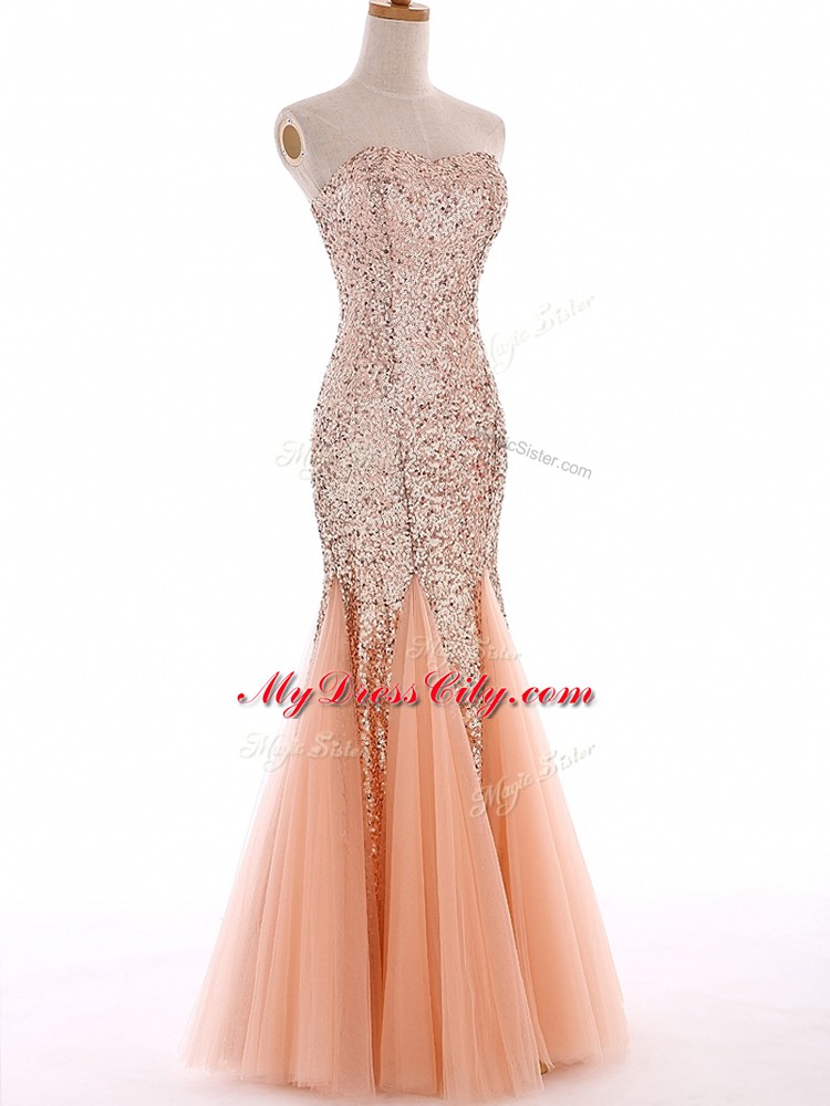 Floor Length Peach Prom Party Dress Tulle Sleeveless Sequins