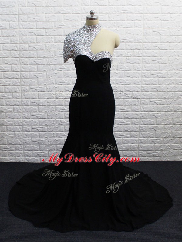 Black Short Sleeves Chiffon Brush Train Zipper Juniors Evening Dress for Prom and Party and Military Ball