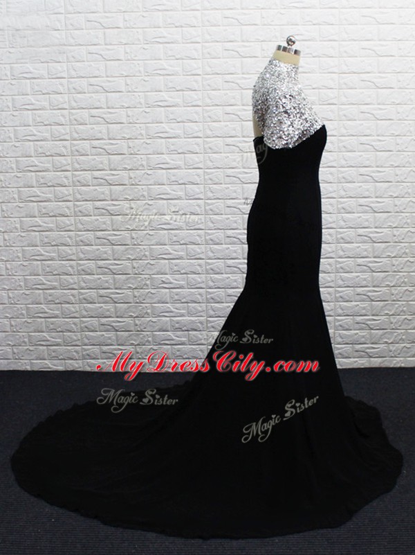 Black Short Sleeves Chiffon Brush Train Zipper Juniors Evening Dress for Prom and Party and Military Ball