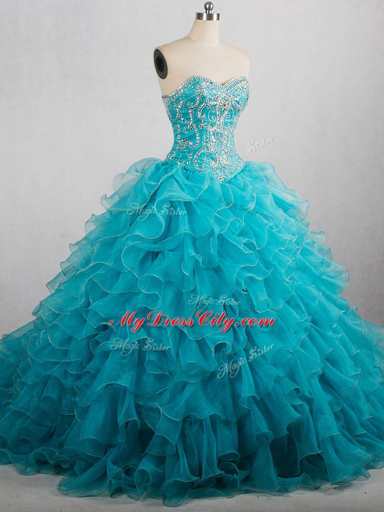 Smart Sweetheart Sleeveless Organza Quince Ball Gowns Beading and Ruffles Brush Train Lace Up