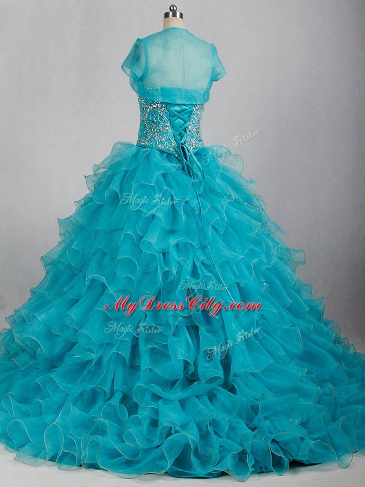 Smart Sweetheart Sleeveless Organza Quince Ball Gowns Beading and Ruffles Brush Train Lace Up