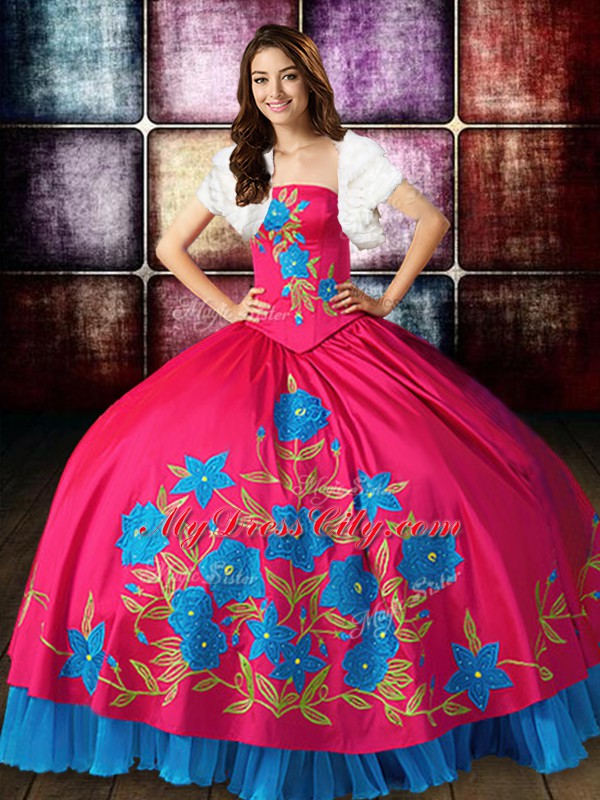 Luxurious Hot Pink Sleeveless Taffeta Lace Up Ball Gown Prom Dress for Military Ball and Sweet 16 and Quinceanera