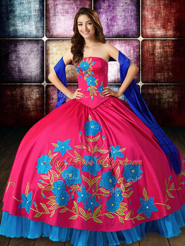 Luxurious Hot Pink Sleeveless Taffeta Lace Up Ball Gown Prom Dress for Military Ball and Sweet 16 and Quinceanera