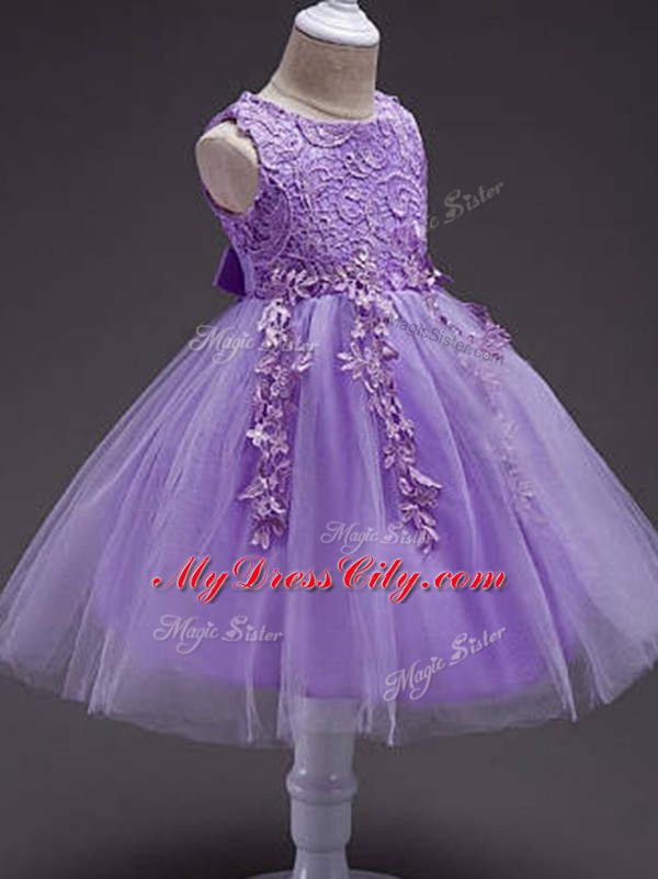 Beauteous Lavender Ball Gowns Scoop Sleeveless Tulle Knee Length Zipper Lace and Belt Toddler Flower Girl Dress