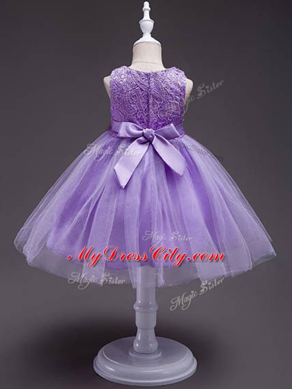 Beauteous Lavender Ball Gowns Scoop Sleeveless Tulle Knee Length Zipper Lace and Belt Toddler Flower Girl Dress