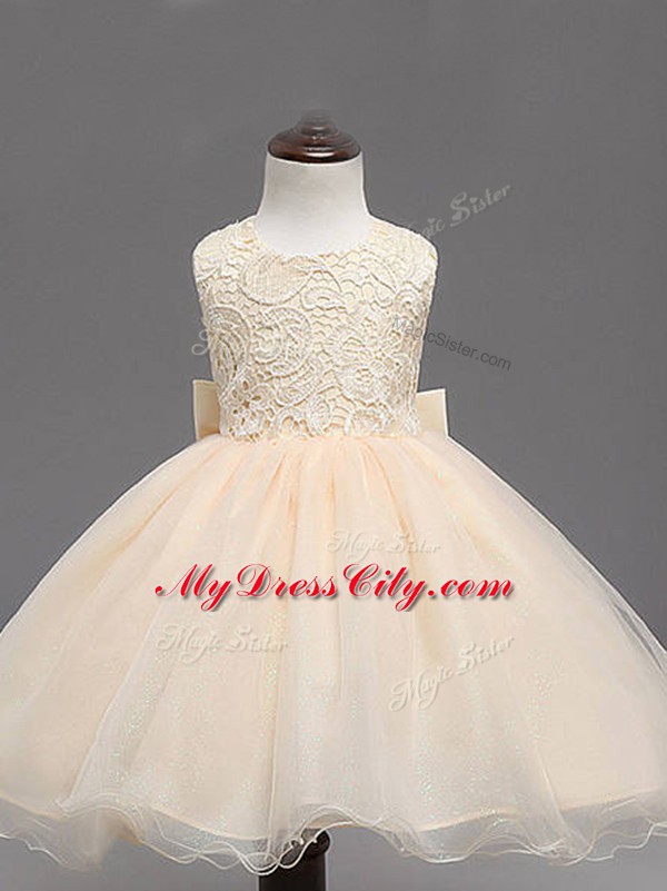 Classical Champagne Sleeveless Organza Backless Flower Girl Dress for Wedding Party