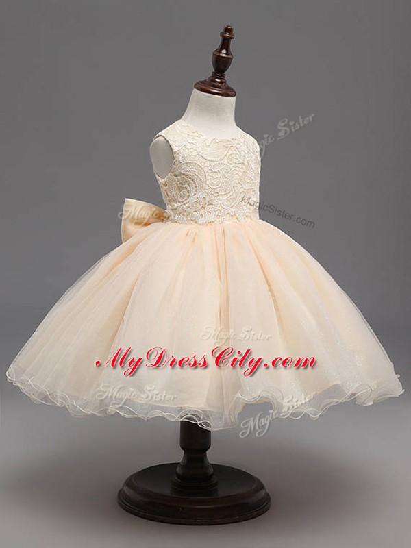 Classical Champagne Sleeveless Organza Backless Flower Girl Dress for Wedding Party