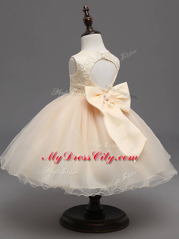 Classical Champagne Sleeveless Organza Backless Flower Girl Dress for Wedding Party