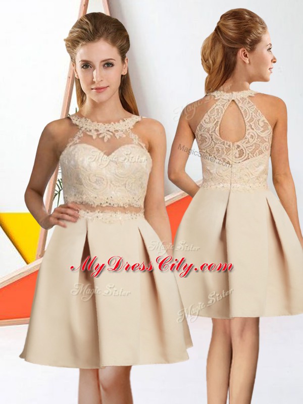 Ideal Lace Bridesmaids Dress Champagne Zipper Sleeveless Knee Length