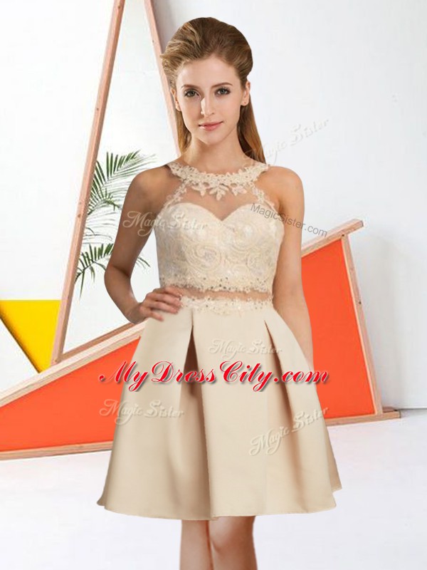 Ideal Lace Bridesmaids Dress Champagne Zipper Sleeveless Knee Length