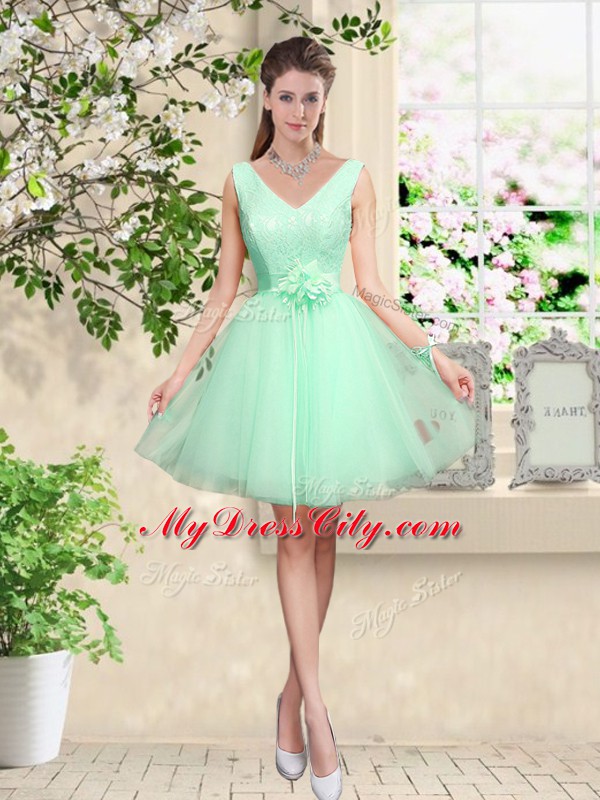 Elegant Apple Green Sleeveless Lace and Belt Knee Length Bridesmaid Dress